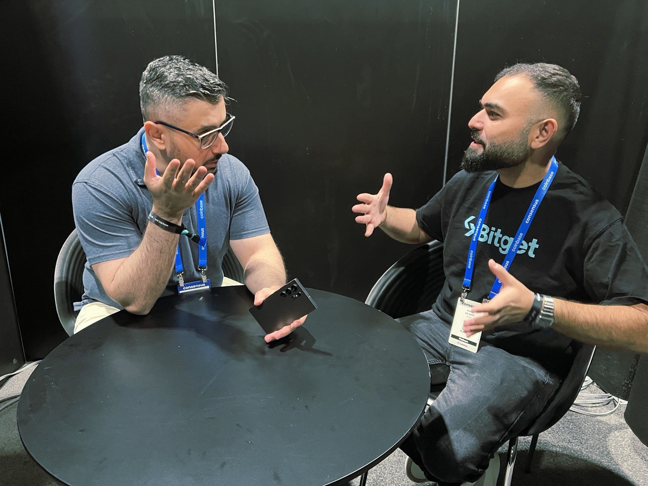 Sam Bourgi and Bitget COO Vugar Usi Zade in Toronto, Canada.